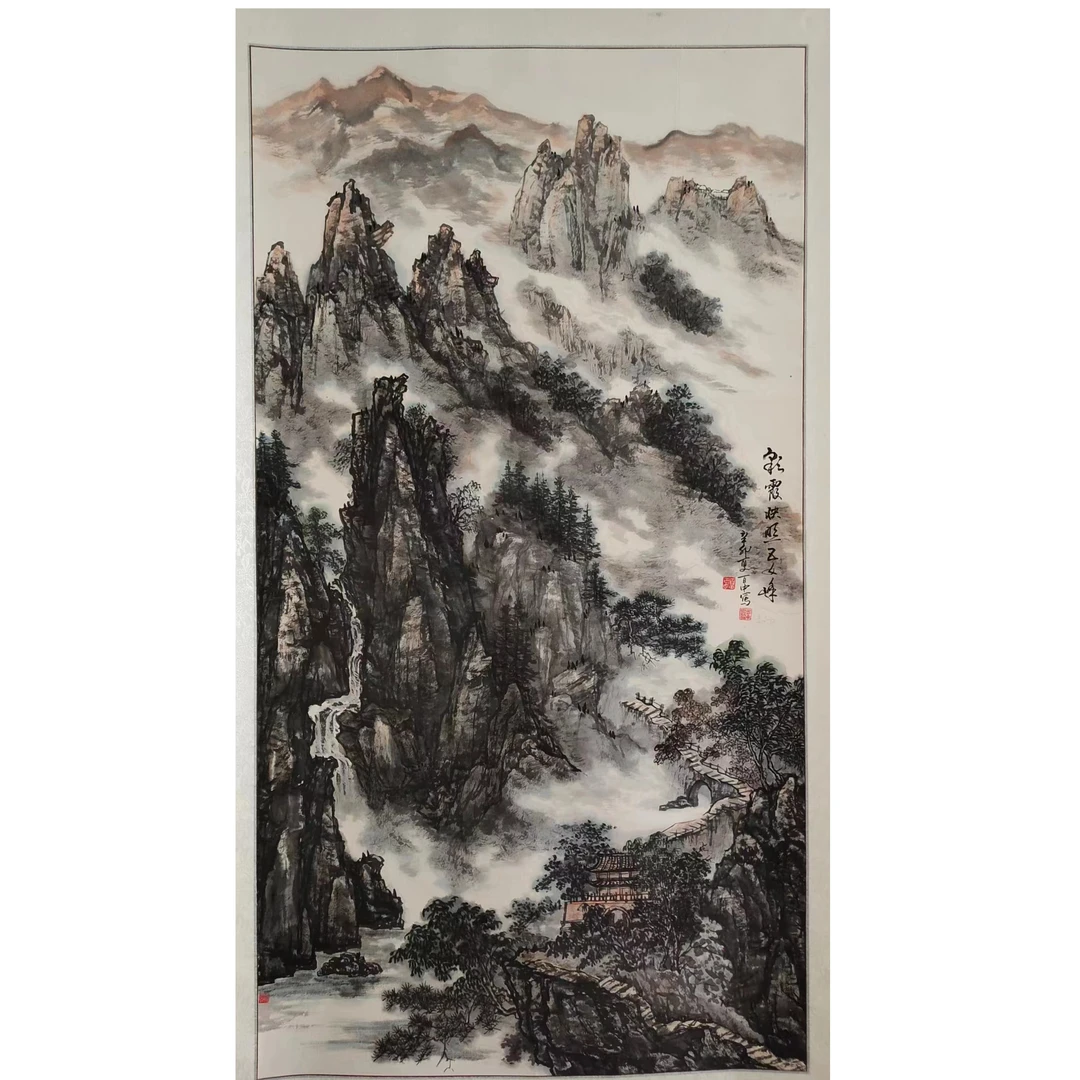 887 纯手绘老字画《彩霞映照》中堂  尺寸 137×68