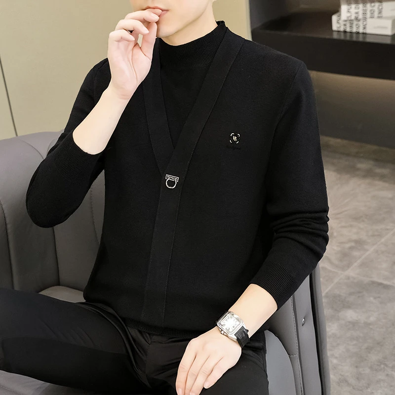男士毛衣打底衫时尚针织假两件纯色秋冬季新款修休闲潮流百搭上衣