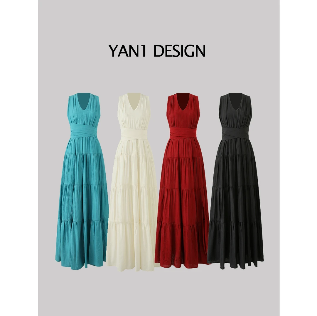 Yan1Design/妍妍【春庭雪】夏季法式收腰绑带气质小众设计开叉长裙