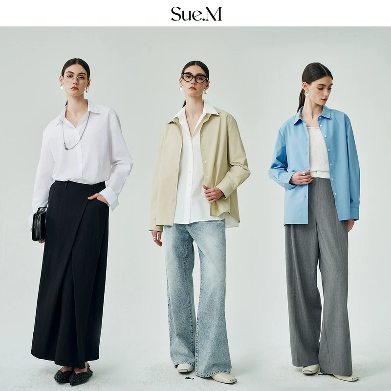Sue.m极简翻袖口白色衬衣女士气质上衣纯色2025新款休闲长袖