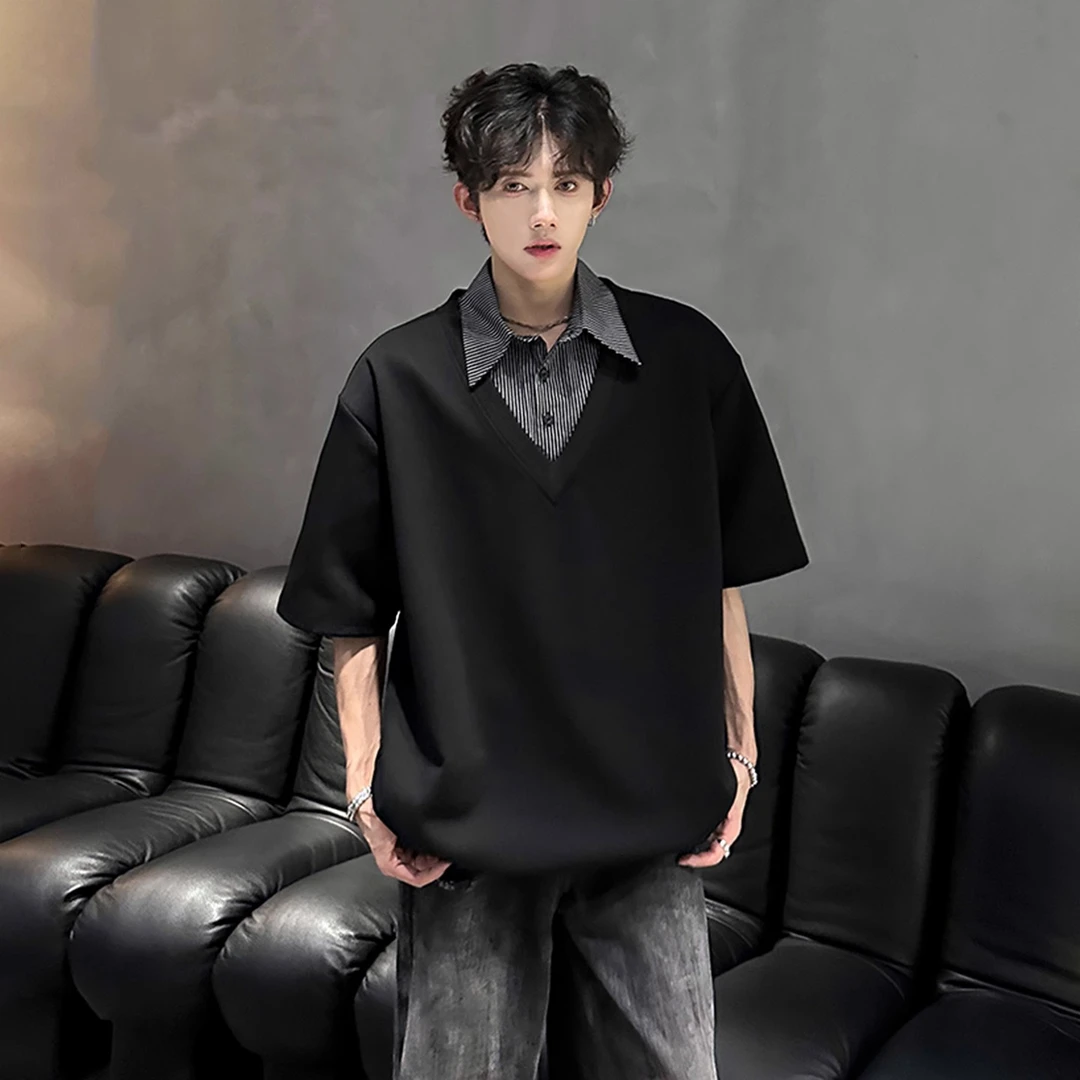 美式黑色假两件polo衫男士夏季高级感衬衫领t恤痞帅条纹拼接短袖