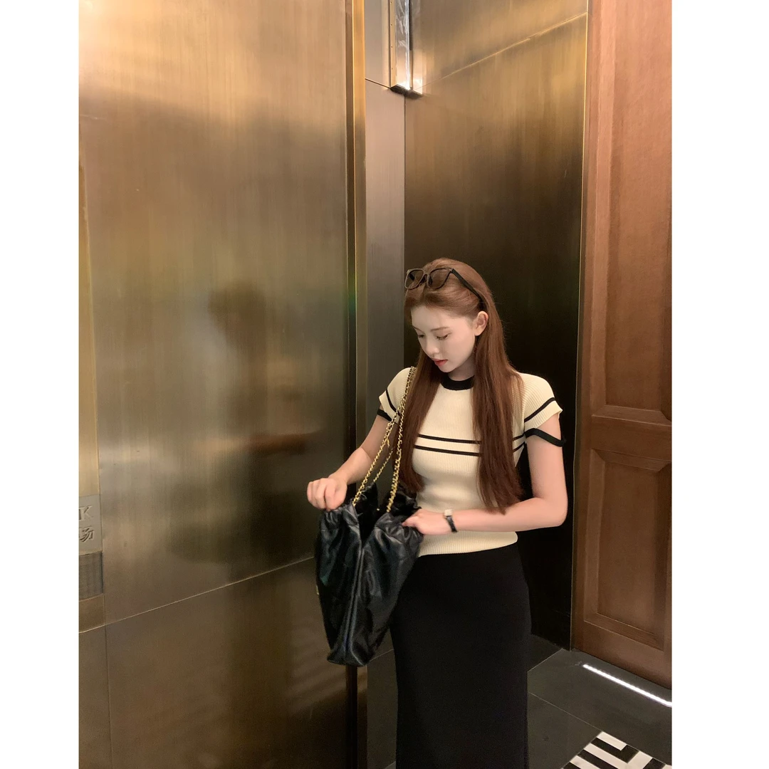 SZA【海底童话】夏季新款韩版时尚洋气撞色圆领短袖针织衫A-1827