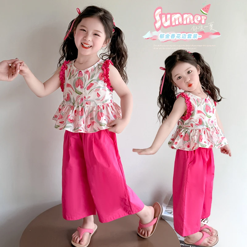 小女童洋气宽松套装夏季薄款女宝宝2025新款时髦休闲花朵两件套韩
