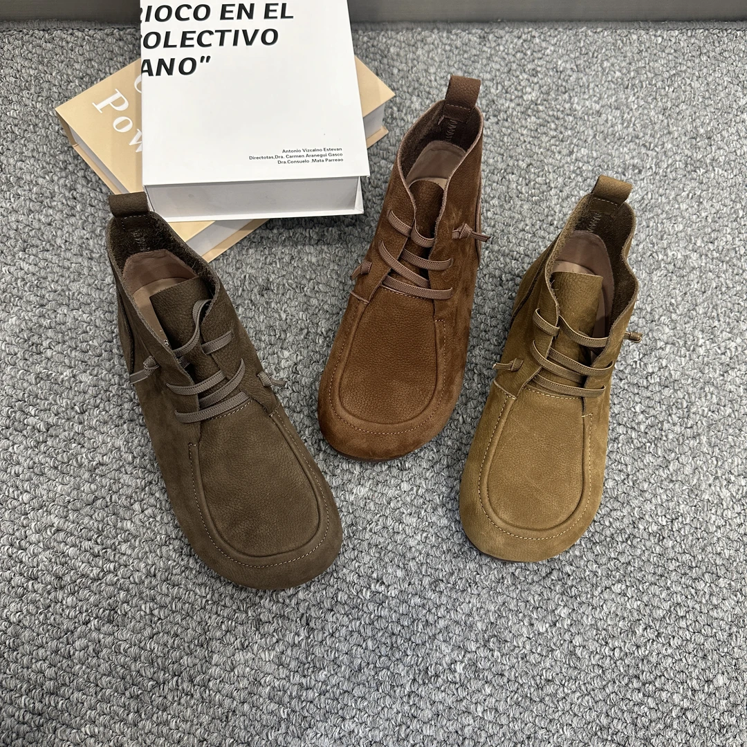 2025秋款圆头复古磨砂平底套筒短靴松紧带