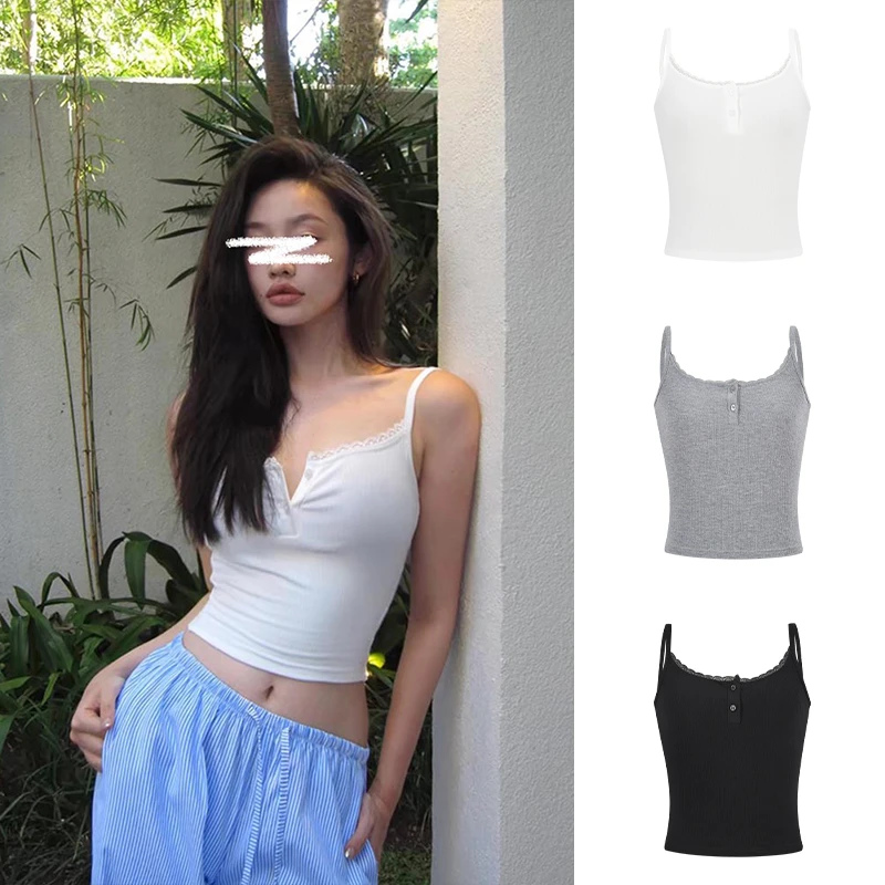 MosesQueen/魔西女王美式蕾丝花边吊带背心辣妹修身内搭打底上衣