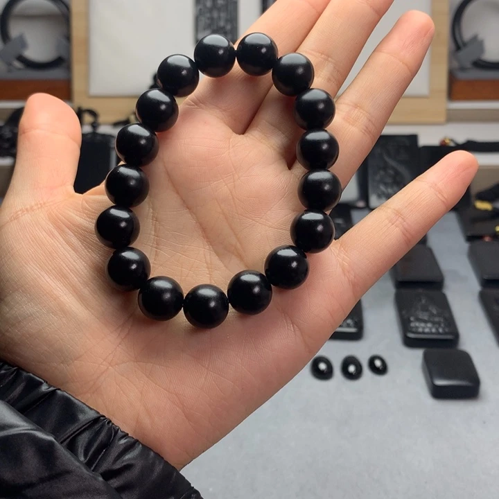 和田玉（墨玉）未镶嵌手串99墨珠宝级12mm