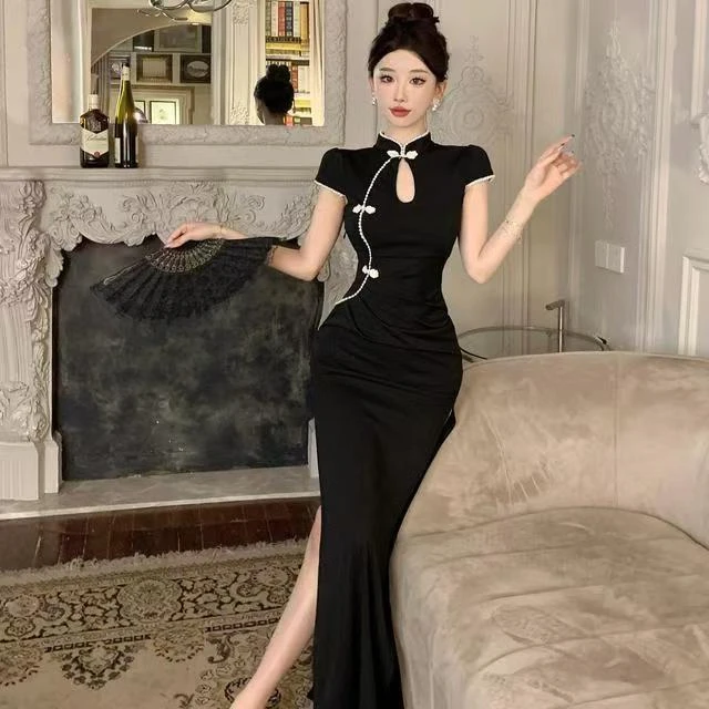 高开衩常规如意襟长裙新中式旗袍气质夏季修身性感连衣裙显瘦