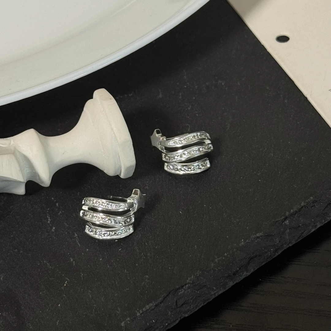 925银银制品 耳钉三层线条实心百搭小众设计感冷淡风-流星c圈0212