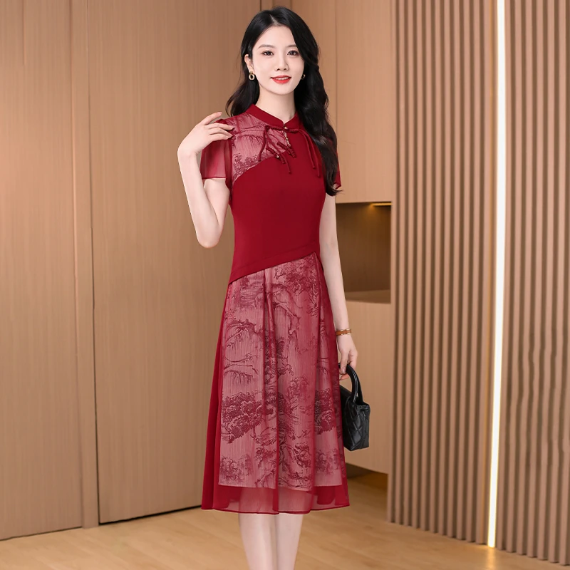 气质改良旗袍连衣裙女夏季2025新款轻奢高级感喜婆婆婚宴装假两件