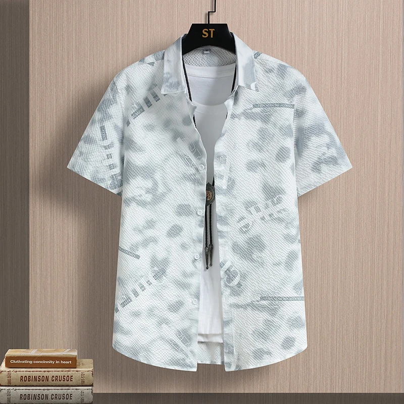 夏季休闲男装薄款时尚衬衣泡泡纱爆款痞帅格纹休闲短袖宽松衬衫