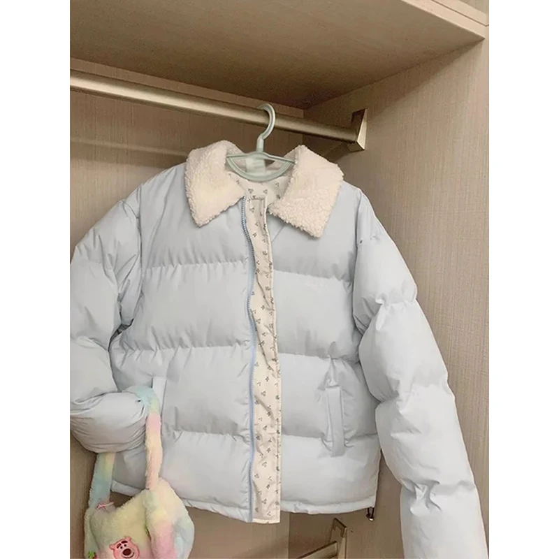 韩版学院风蓝色碎花拼接棉服外套女冬季新款翻毛领加厚保暖面包服