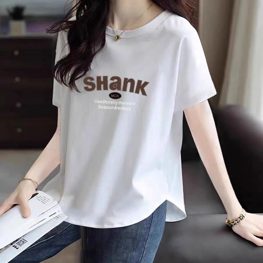 圆弧下摆圆领短袖纯棉T恤女士夏季新款韩版宽松百搭休闲简约上衣T