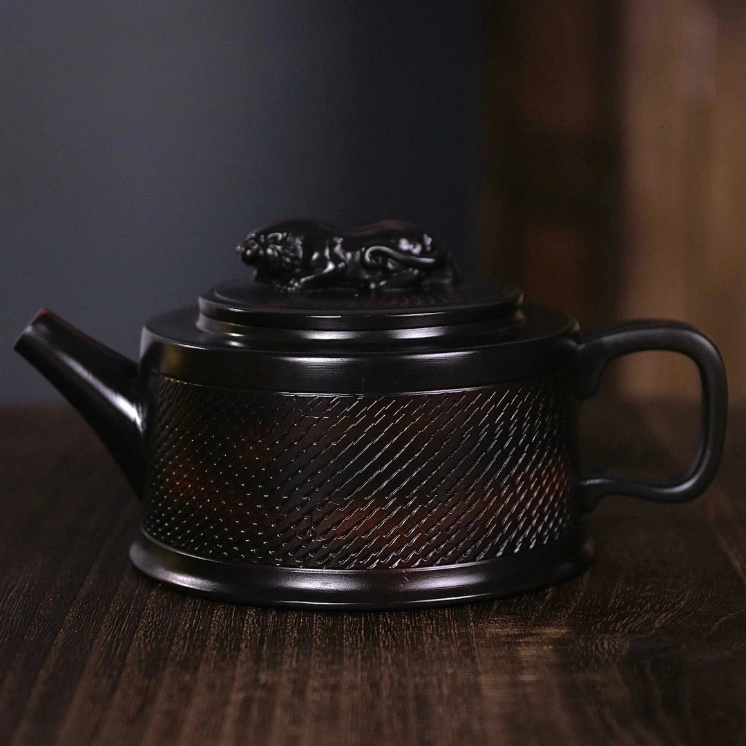 紫陶全手工跳刀卧虎凤鸣复古家用大容量高档功夫茶具