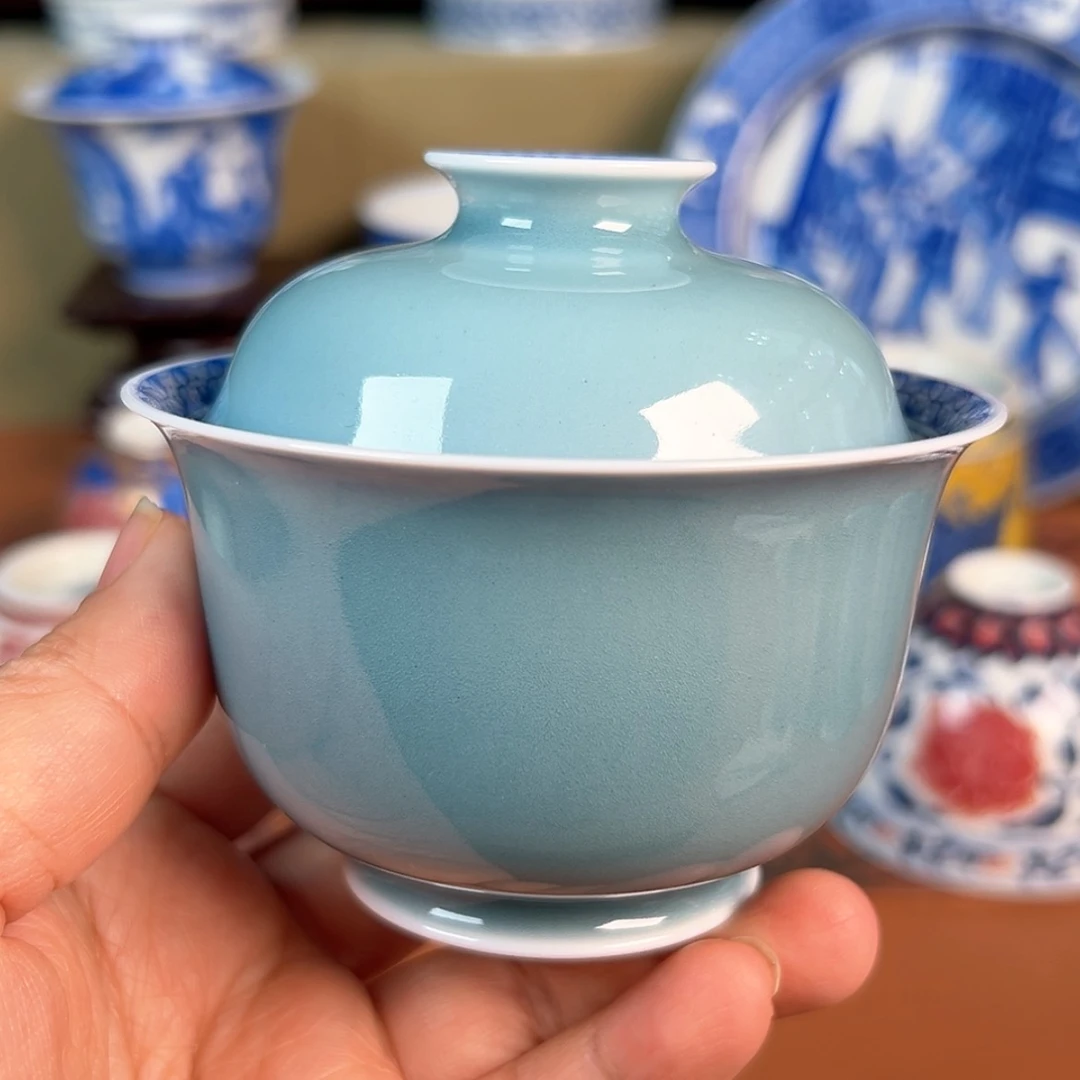 【闪购商品】杯景雨工坊-单色釉青花盖碗