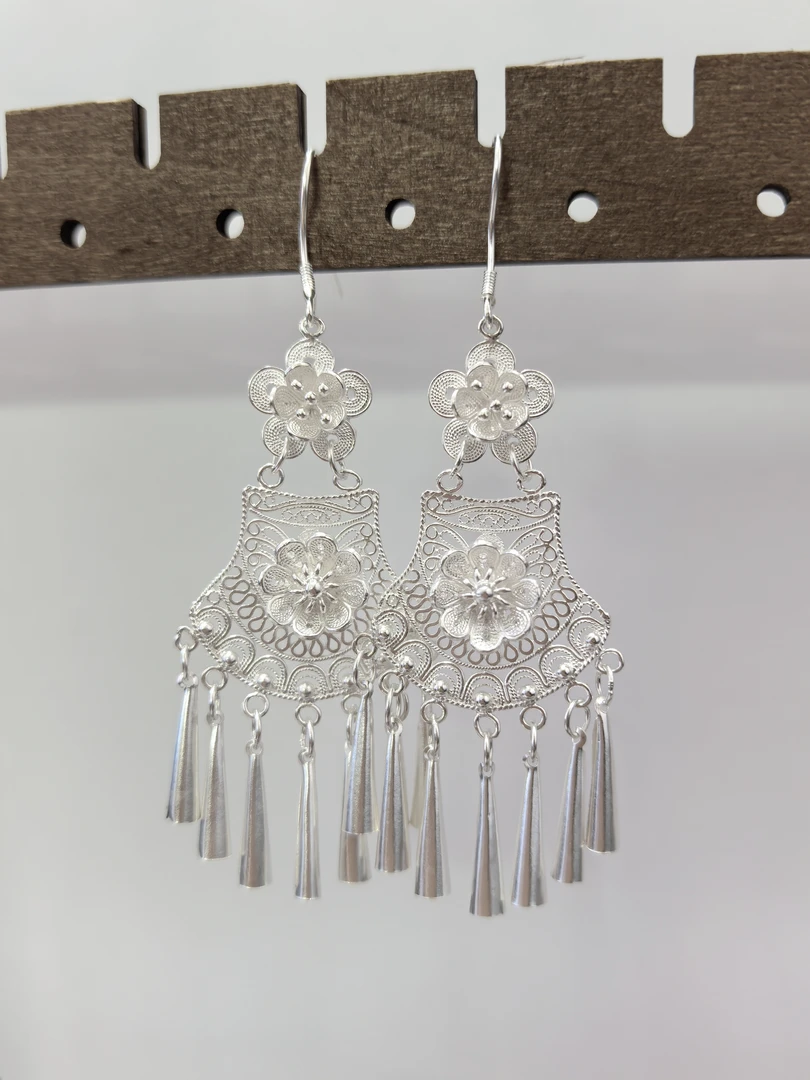 足银耳饰 足银990花丝耳环苗族复古古风时尚素款手作精美