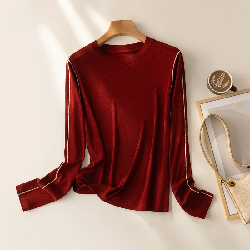 【李.瑟琳娜】原创设计撞色线莱赛尔长袖打底衫