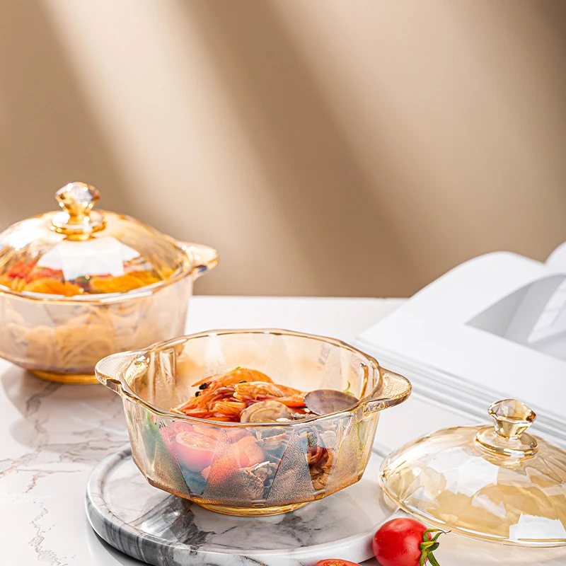 新人福利X钻石煲家用水晶玻璃煲带盖泡面碗微波炉沙拉碗双耳煲