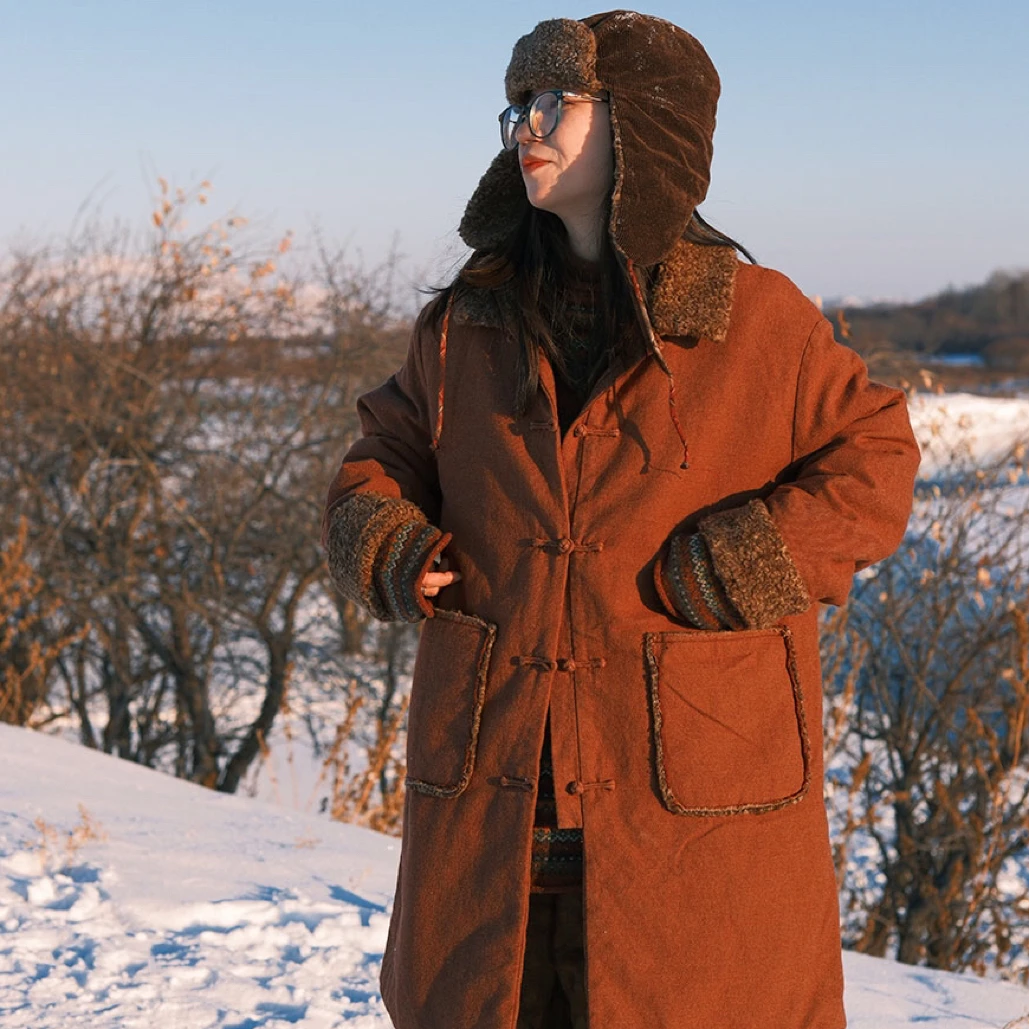 云雾里 6289#羊毛棉夹棉复古宽松保暖刺绣盘扣长棉衣羊毛呢外套冬