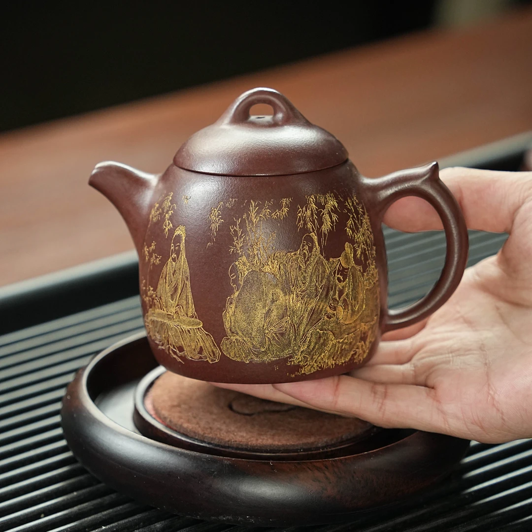 宜兴原矿龙血砂手工刻绘七贤图紫砂壶 LQ