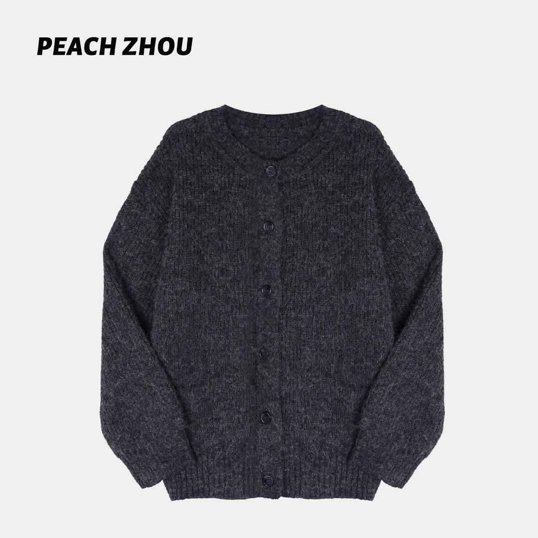 『PEACHZHOU』羊毛后三角标宽松圆领系扣针织衫休闲百搭毛衣开衫女