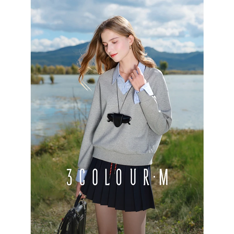 三彩2025春季新款假两件衬衫拼接卫衣套头衫刺绣宽松慵懒M