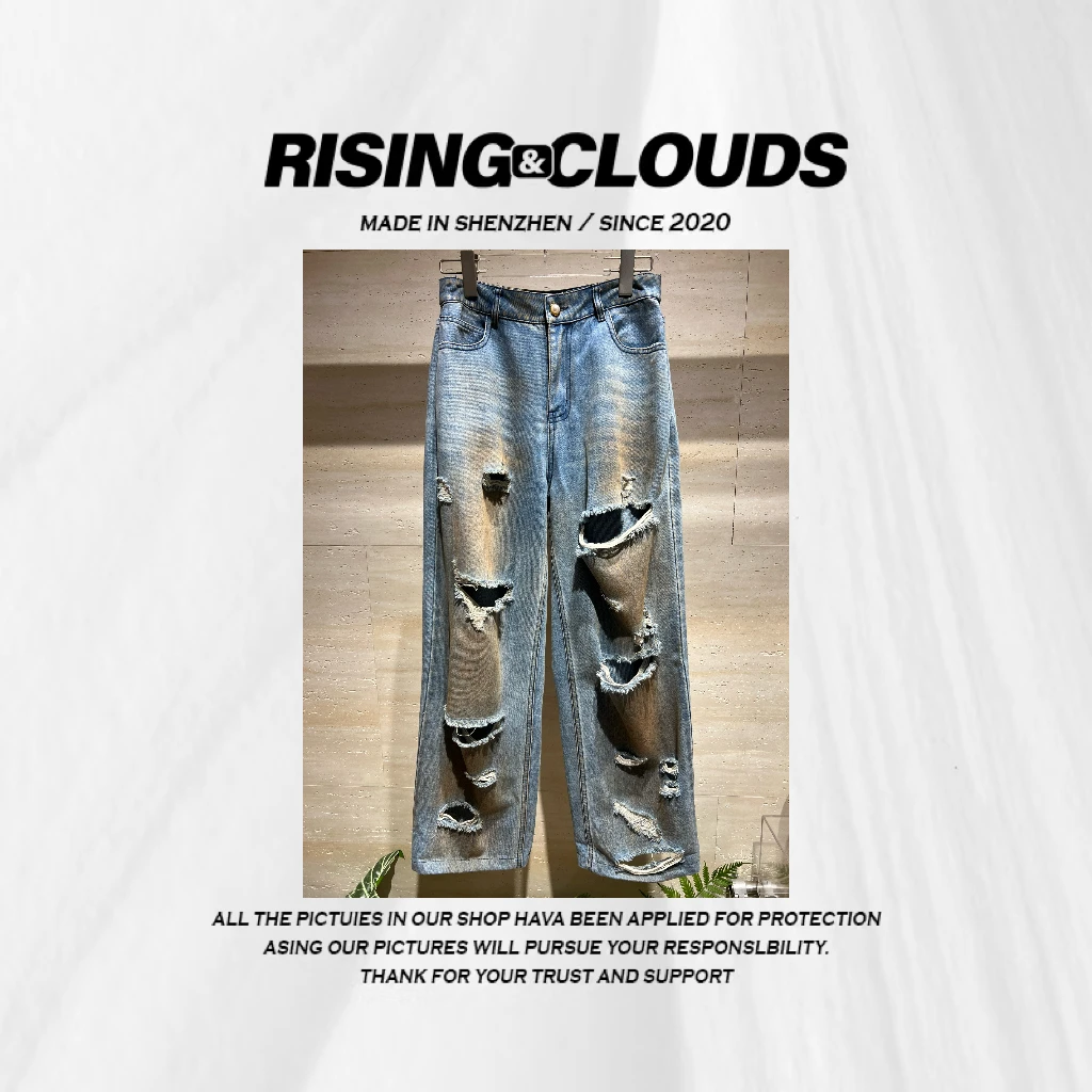 玲子【拓荒者】显瘦百搭直筒复古老钱风破洞牛仔裤070378