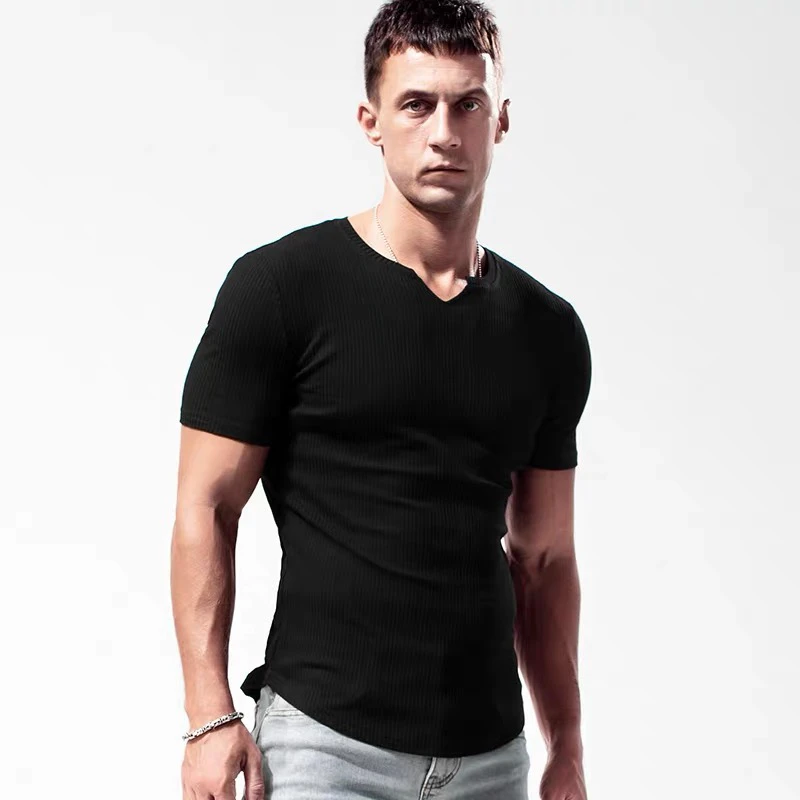 螺纹短袖T恤男士前短后长纯棉透气弹力紧身修身打底衫体恤夏季潮