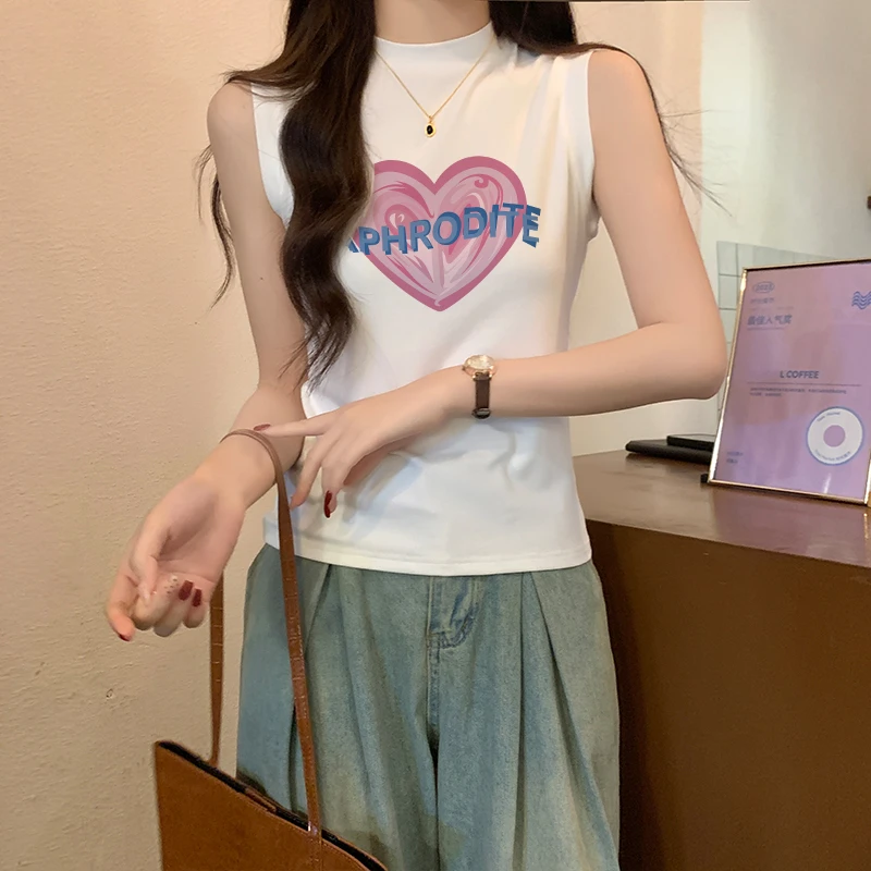 黑白半高领无袖t恤女背心吊带上衣外穿纯棉中领紧身打底内搭洋气