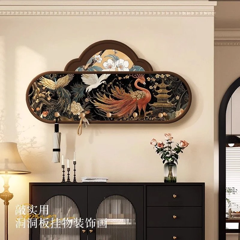中古风玄关装饰画置物架洞洞板入户门口钥匙收纳衣服包多功能挂板
