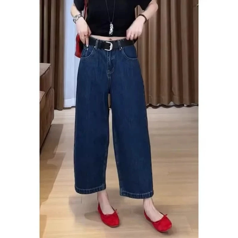 显瘦直筒裤美式女夏季新款胖mm牛仔裤大码阔腿裤宽松九分裤小个子