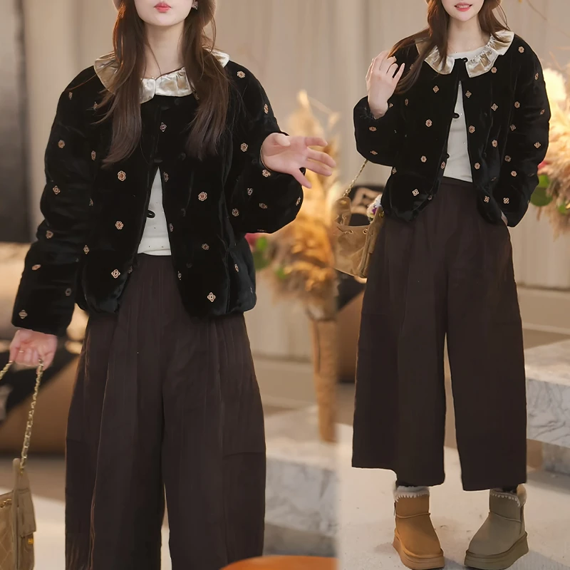 2025冬季新款时尚娃娃领设计外套休闲裤两件套女士千金风时尚套装