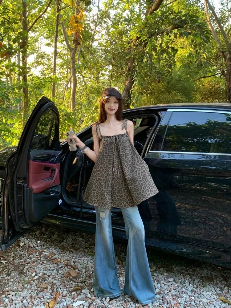 甜菜复古豹纹吊带背心女2025夏季新款辣妹设计感宽松外穿别致上衣