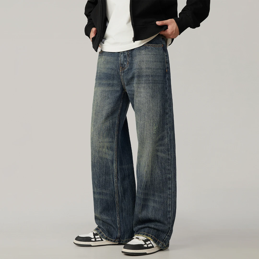 水洗重工宽松微喇牛仔裤男2025秋季高街潮流设计感做旧阔腿长裤子
