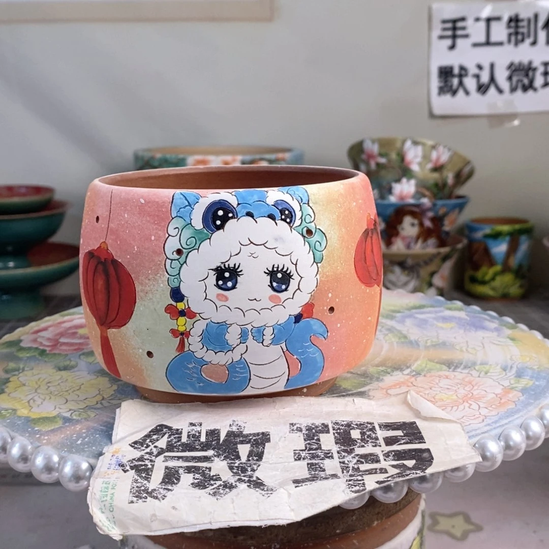 紫砂花盆红陶手绘花盆
