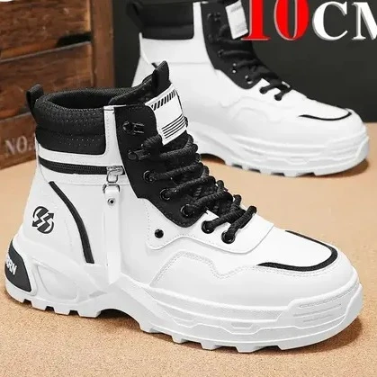 秋冬新款隐形内增高男鞋10cm皮面白色马丁靴男士厚底大黄短靴保罗