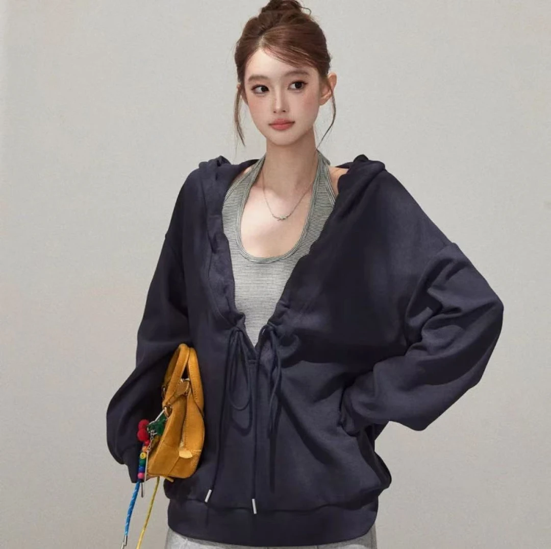 19234秋季新款韩系简约辣妹挂脖吊带内搭抽褶连帽V领长袖外套套装