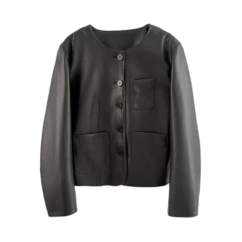 真皮绵羊皮小香风气质短款时尚休闲百搭女士黑色简约