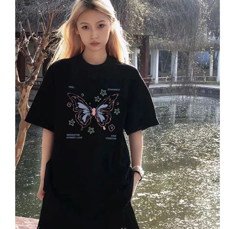 纯棉夏季彩绘蝴蝶t恤女情侣新款设计感小众宽松半袖上衣