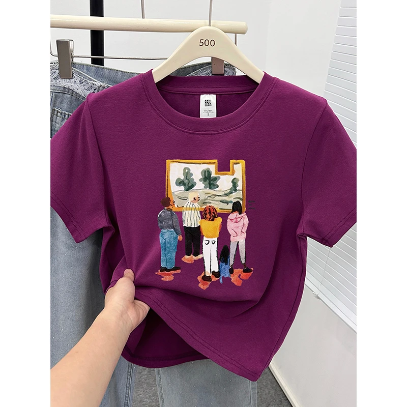 大码圆领正肩短袖T恤女2025夏季新款胖mm遮肉时尚洋气半袖上衣潮