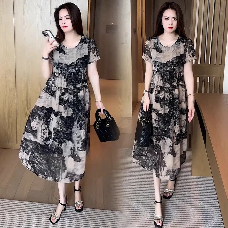 时尚印花裙子女2025夏季新款气质洋气中长款水墨画雪纺短袖连衣裙