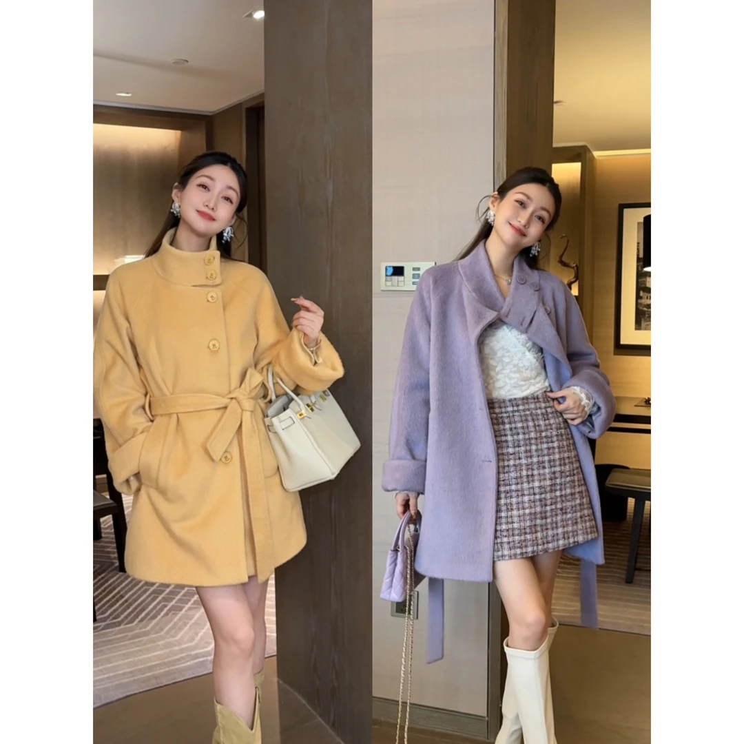 W·HAHA【现货】【许我耀眼】高级感立领系带长款羊毛呢子大衣92011