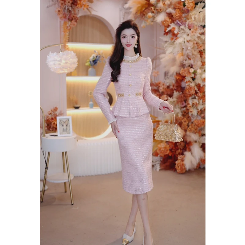 2025秋冬新款时尚气质修身显瘦轻奢名媛长袖粉色连衣裙25111