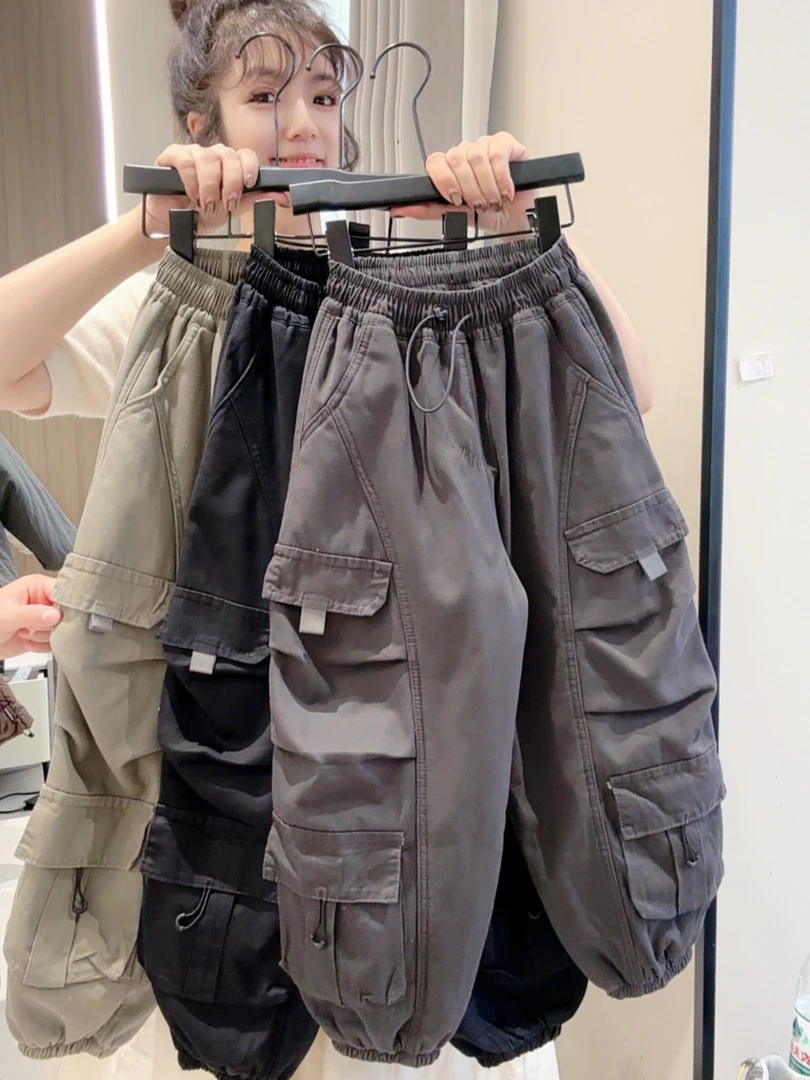 纯棉儿童一体绒工装裤2025冬季新品洋气韩版男女童加绒潮束脚长裤