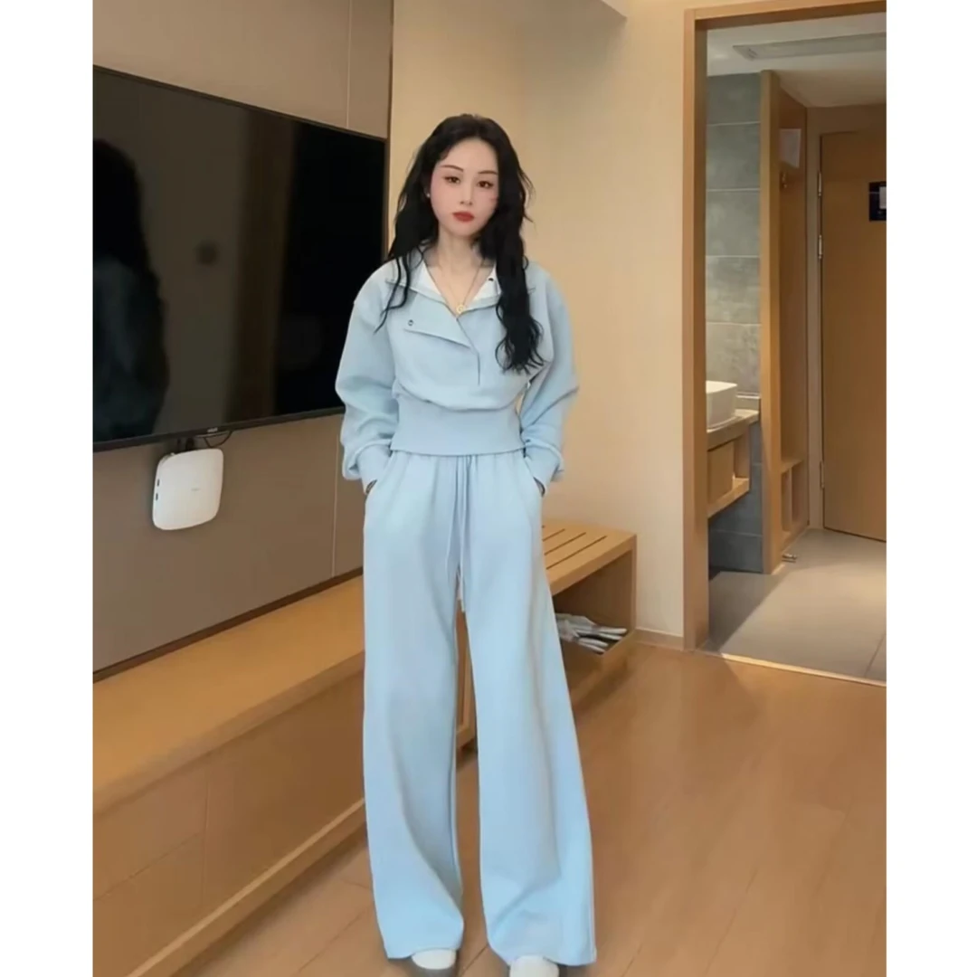 韩系浅蓝色减龄运动套装收腰高领外套女开春时尚阔腿休闲裤两件套