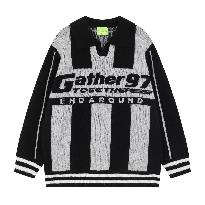 美式复古宽松运动字母提花球衣学院中性风条纹翻领套头针织毛衣