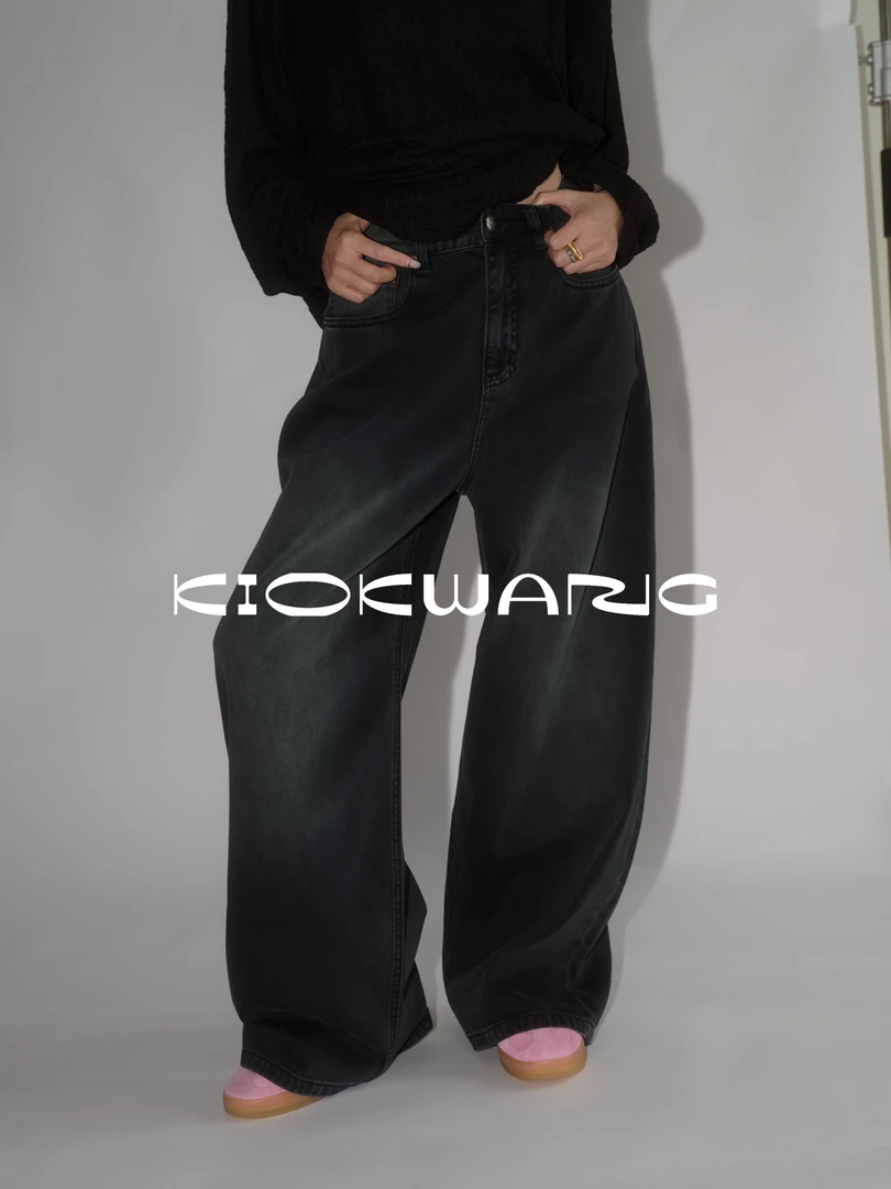 KIOKWANG//人手必入 重工水洗挺括高腰复古阔腿牛仔长裤新款