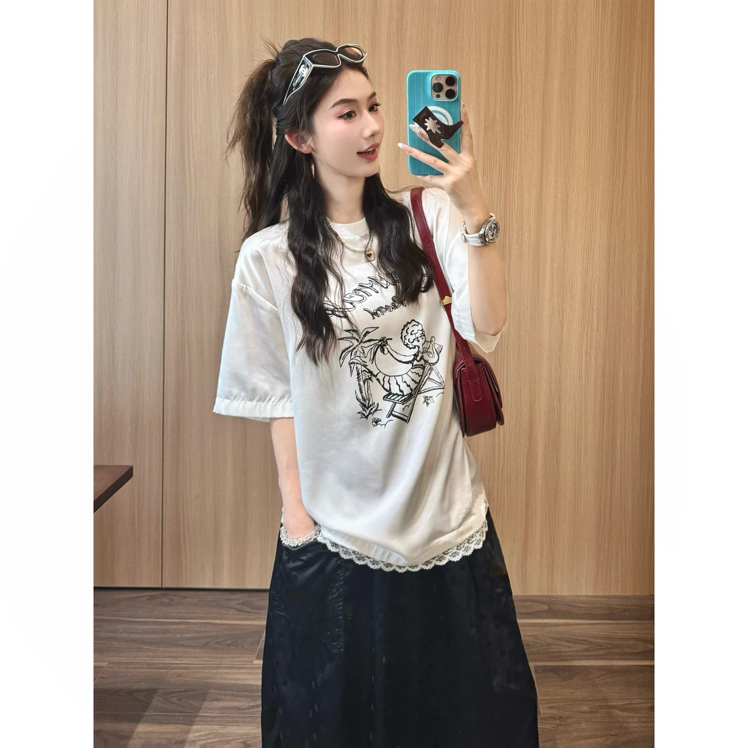 谢荞荞「斐济人鱼滩」圆领字母人鱼印花下摆拼接蕾丝边短袖百搭T恤