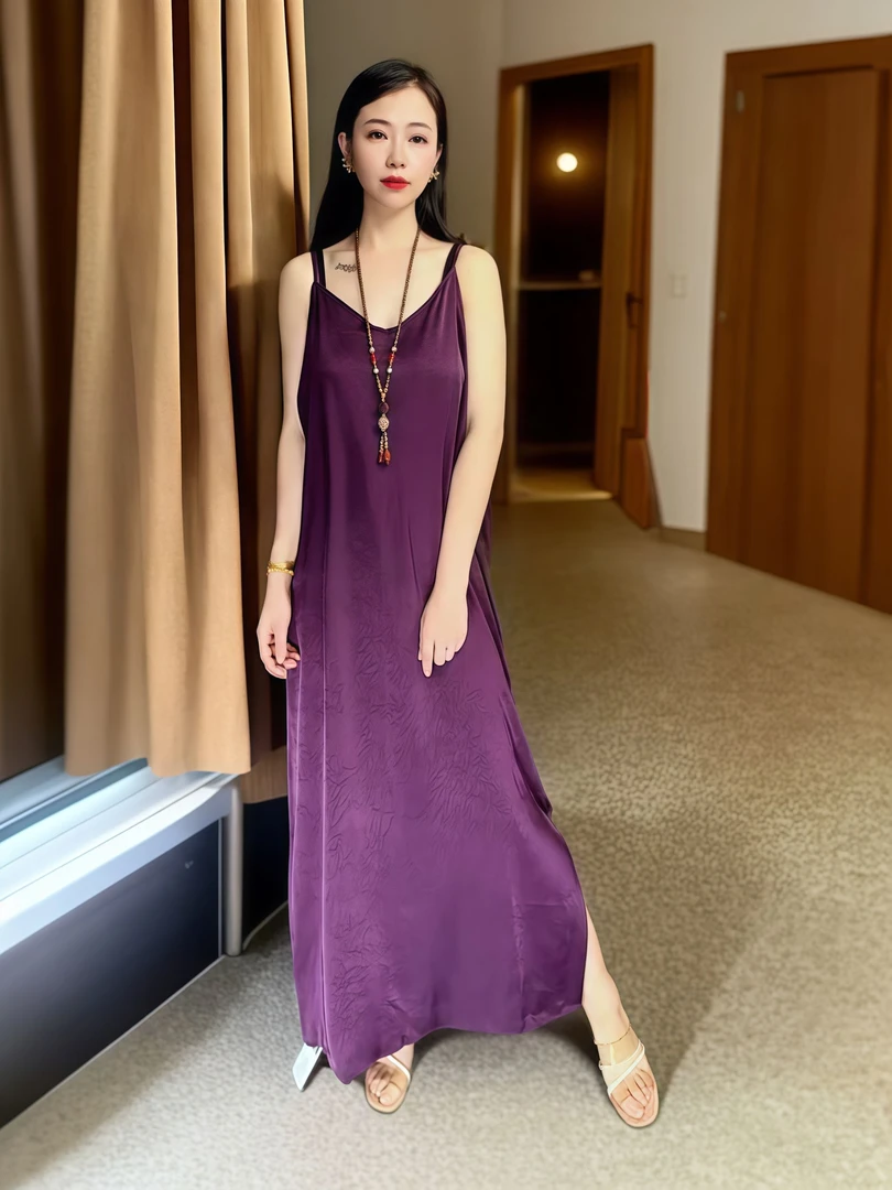 无袖宽松法式长款夏季女士设计师轻奢吊带裙89306（紫色）