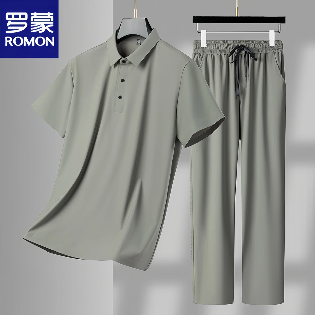 罗蒙男士商务休闲运动套装夏季薄款无痕冰丝polo衫短袖T恤两件套
