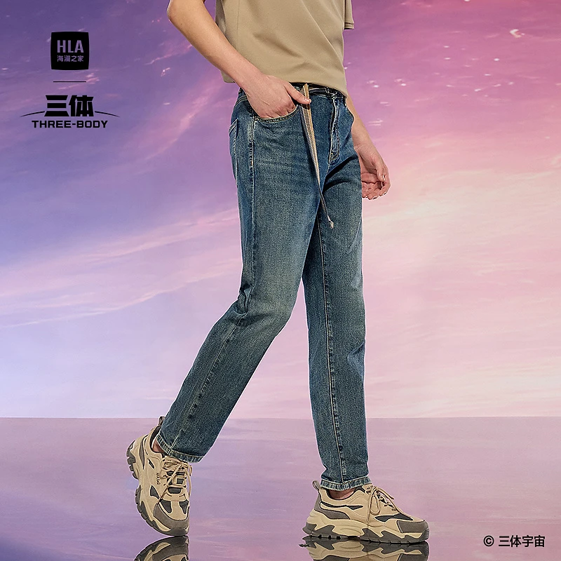 【三体联名】海澜之家牛仔裤男25新腰带装饰直筒裤子HKNAW1J038A